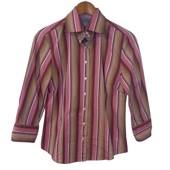 Robert Graham‎ Shirt Women Small Pink Button Up Striped Cotton Silk Western - Picture 1 of 9